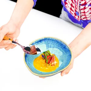 Japanese Blue Ramen Salad Noodles Retro Soup Deep Glazed Ceramic Bowl