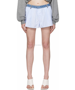 100% algodón holgado de lujo para mujer rayas originales azul y <span class=keywords><strong>blanco</strong></span> Denim cintura algodón Oxford pantalones Denim cintura Pantalones - Product Image 3