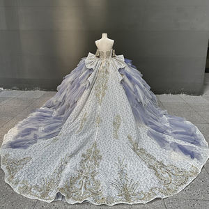 Vestido de Noche Morado para Quinceañera o Aniversario de 15 Años Estilo Ball Gown con Apliques de Gasa Lentejuelas Pedrería y Encaje Largo Maxi LSMC69 - Product Image 2