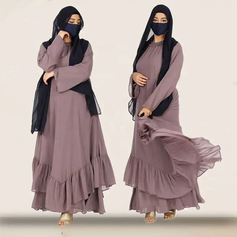 تركيا النساء المحافظ طويل الأكمام ماكسي اللباس مصمم متواضع الرتوش طبقات كشكش عباية إسلامية