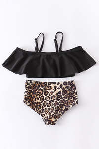 Traje de baño de talla grande para mamá e hija, traje de baño negro con volantes de leopardo para Fitness - Product Image 6