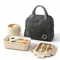 Boîte à lunch 2-en-1 en paille de blé 930ML+600ML, hermétique, compatible micro-ondes, avec bol à soupe, fourchette et cuillère intégrées, et sac repas