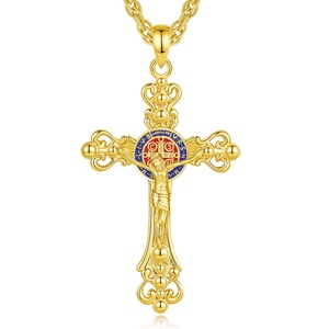 Joyería Religiosa Católica al por Mayor, Colgante <span class=keywords><strong>de</strong></span> Cruz <span class=keywords><strong>de</strong></span> Cobre Chapado en <span class=keywords><strong>Oro</strong></span> <span class=keywords><strong>de</strong></span> 18K, con Adornos Decorativos, Esmalte Rojo y Azul, Collar con Cruz - Product Image 1