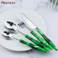 Ensemble de couverts en acier inoxydable 304 avec manche en acrylique vert malachite, 4 pièces, couteau, fourchette, cuillère, vente en gros pour hôtels et restaurants