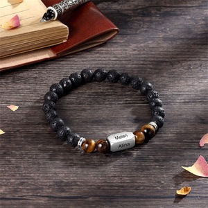 <span class=keywords><strong>Bracelet</strong></span> personnalisé en pierre de lave naturelle et perles œil de tigre avec nom gravé, breloque en acier inoxydable, bijou extensible pour <span class=keywords><strong>homme</strong></span> - Product Image 3