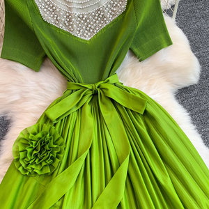 <span class=keywords><strong>Abito</strong></span> Estivo Elegante <span class=keywords><strong>Verde</strong></span> da Donna, Manica Corta, Collo Tondo con Perline, Vestito <span class=keywords><strong>Midi</strong></span> Plissettato a Trapezio con Fiocco in Vita - Product Image 5