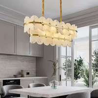 Lustre Tambour Moderne en Albâtre avec Cadre en Laiton Doré, Lumière Chaude 2700K, Grand Luminaire Suspendu pour Salon