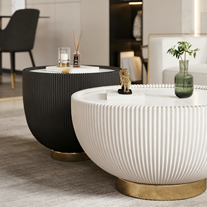 Tavolino da Caffè Moderno Minimalista a Forma di Tamburo con Angoli Arrotondati, Piano in Pietra Sinterizzata Bicolore Nero e Bianco, Arredamento per <span class=keywords><strong>Soggiorno</strong></span> - Product Image 2