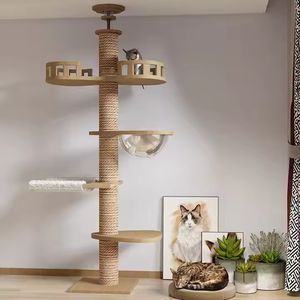 Menara pohon kucing langit-langit besar mewah tinggi dapat disesuaikan tiang gores kucing kayu Solid untuk kucing besar dibuat dengan tali Sisal - Product Image 1