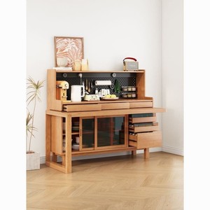 Aparador nórdico de madera maciza de 900 mm de altura, mueble de cocina con cajones de almacenamiento y puertas de vidrio para apartamentos pequeños - Product Image 1