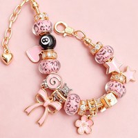 Bracelet à breloques en alliage, motif léopard rose, avec pendentifs huit cœurs, étoile, nœud et fleur noirs, bijou de mode