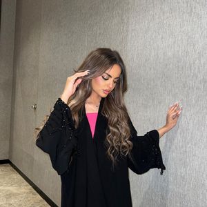 Черная абайя 2026, открытая абайя, к празднику Ид аль-Фитр, ручная работа, с черными бусинами на рукавах, длинное платье для мусульманок, джалабия - Product Image 5