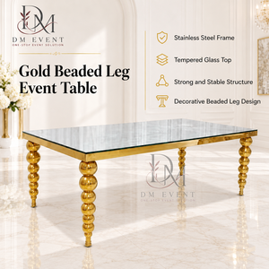 Table de banquet rectangulaire en verre miroir en acier inoxydable doré de qualité supérieure avec pieds tournés perlés pour événements de mariage – Vente en gros - Product Image 1