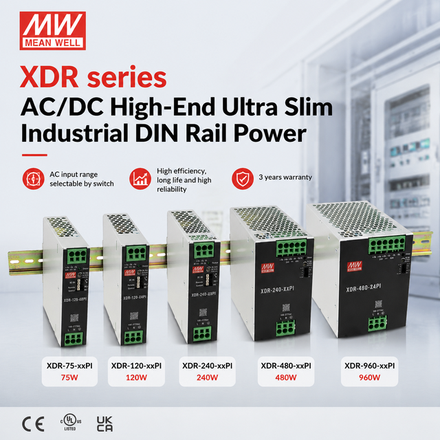 Mean Well XDR-75-PI XDR-120-PI XDR-240-PI XDR-480-PI XDR-960-PI Push-In Slim DIN Rail Power Supply 24V 48V for Automation CE UL