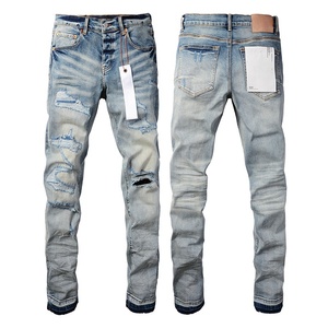 Jeans da <span class=keywords><strong>Uomo</strong></span> Stile Urbano 100% <span class=keywords><strong>Cotone</strong></span> all'Ingrosso Vestibilità <span class=keywords><strong>Slim</strong></span> Dritta Viola Vita Media Traspiranti Strappati Effetto Consumato con Bottoni - Product Image 6