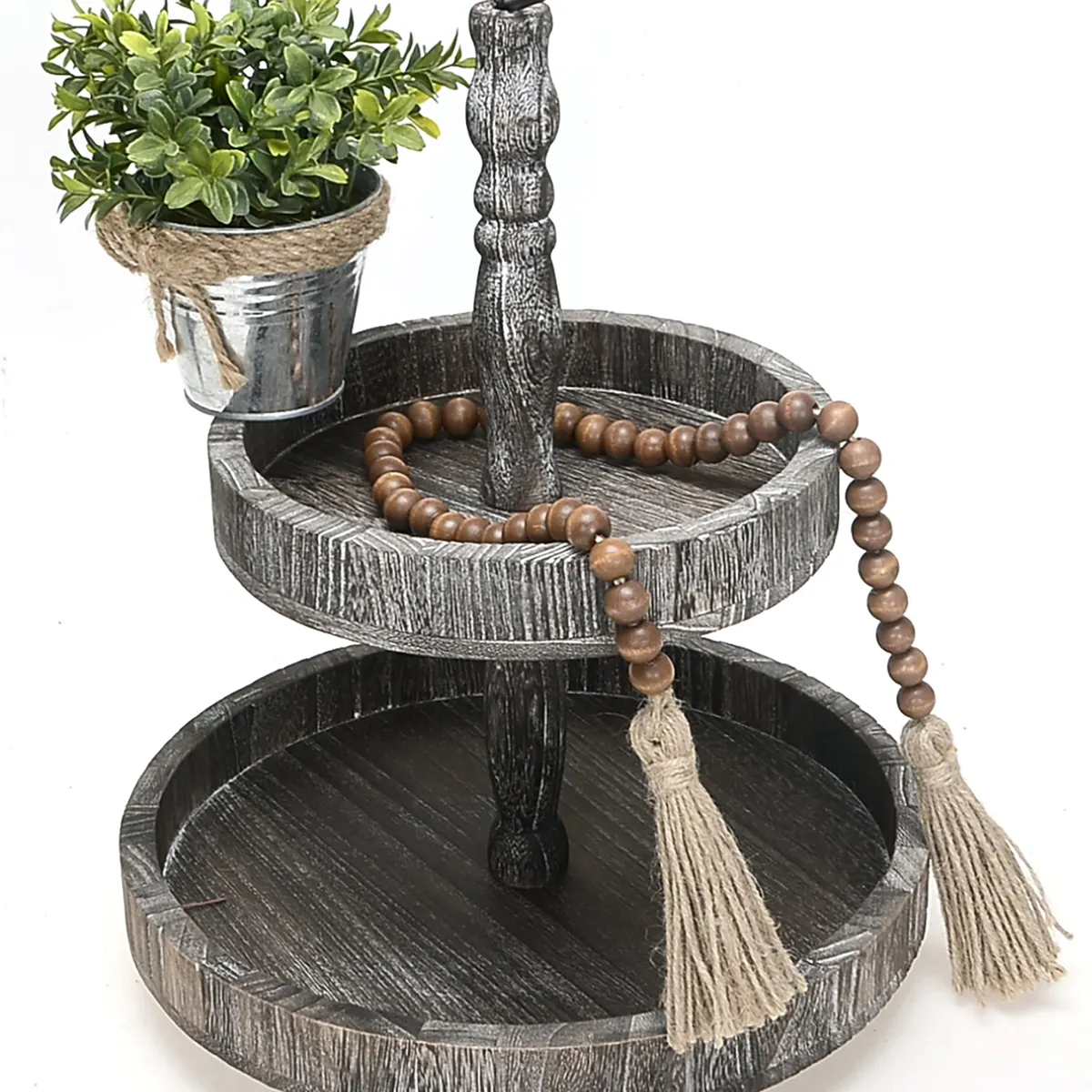 Farmhouse boho Beads with Tassels 31in Wood Bead Garland for Tiered Tray Decorative