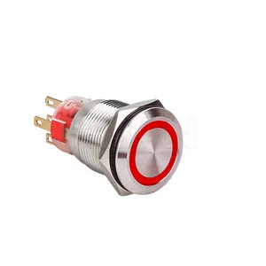 19mm flat round head push button switches ring illuminated latching 24v red ip67 led waterproof
