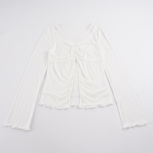 Lace <b>Patchwork</b> Faux Layered Flared Sleeve <b>Top</b> Bow Detail A Line Hem Slim Fit Solid Color Hot Girl Layering Long Sleeve Tee - Product Image 6
