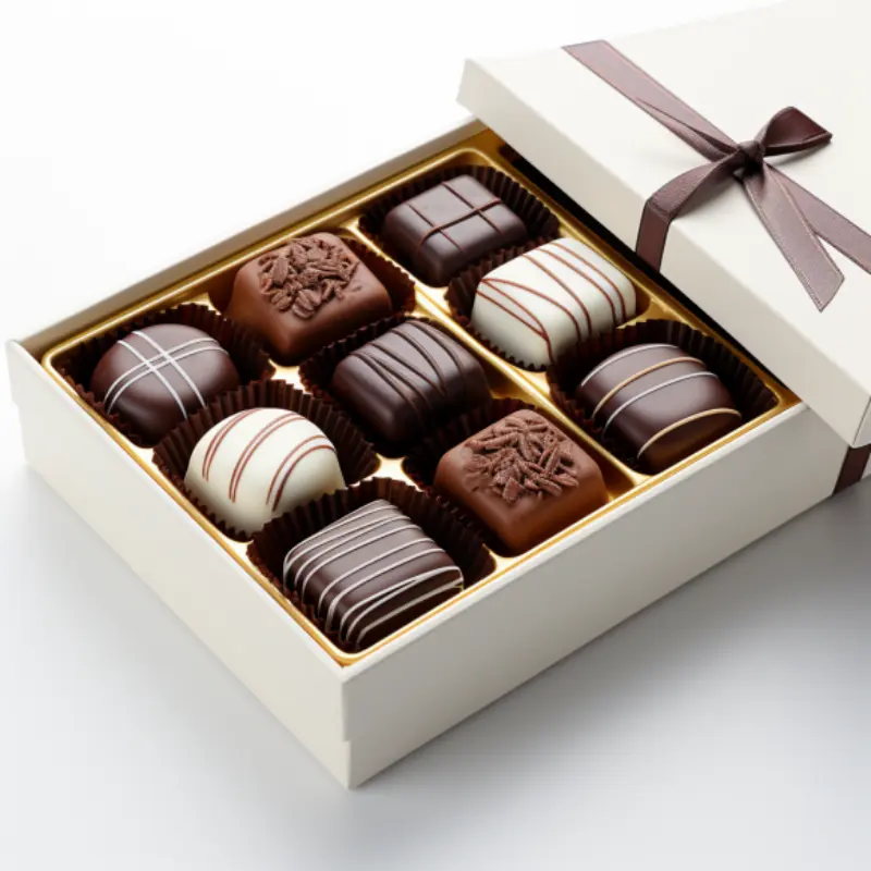 Kotak cokelat gourmet kustom yang indah putih dengan tutup dan kotak cokelat pita