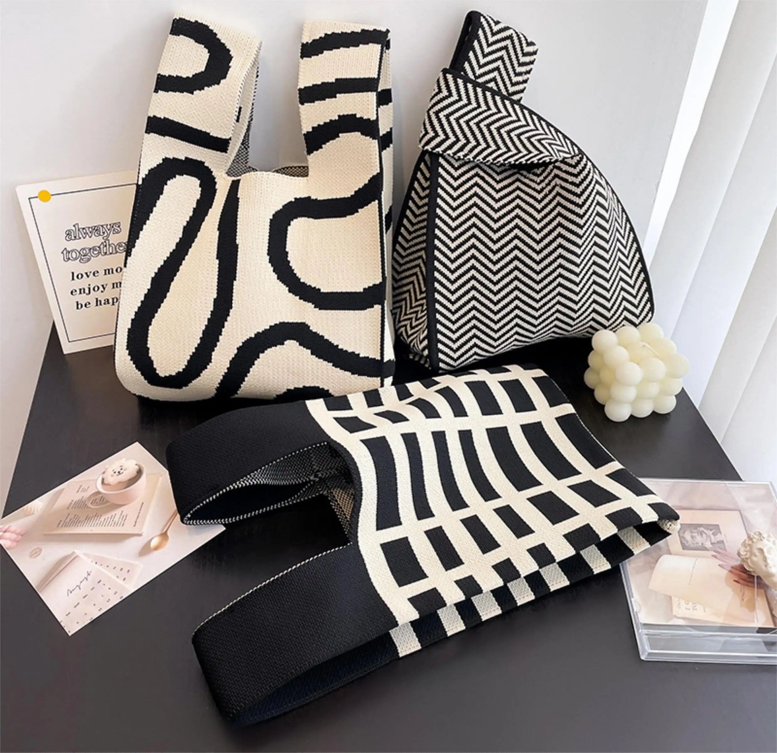 Borsa da donna di nuovo Design a maglia Eco Friendly borsa da polso a nodo durevole Mini borsa da Shopping portatile a righe