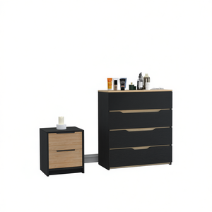 Set Camera da Letto Medella 2 Pezzi in Pino Nero e Rovere Chiaro, Comodino e Cassettiera dal Design Moderno per Arredamento Camera da Letto - Product Image 1