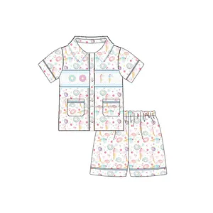 Mùa hè trẻ em smocked đồ ngủ Boutique Donut thêu bé trai quần áo trang phục