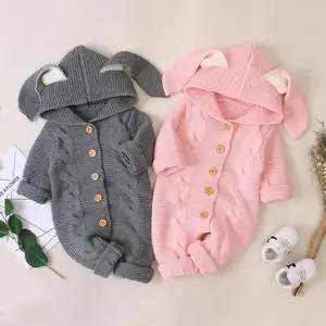 Pasgeboren Baby Knit Romper Jumpsuit Hooded Schattige Konijn Oren Effen Warm jumpsuit Baby Winter Kleding Kostuum