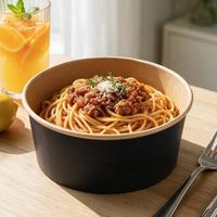 Bol à salade rectangulaire jetable en papier kraft brun 16 oz, bol à glace en papier kraft 500 ml, récipient en kraft noir avec couvercle
