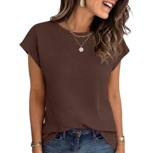 FOXA Haut à manches courtes en tricot gaufré pour femme, t-shirt basique décontracté à manches courtes, hauts d'été pour le travail et les vacances - Product Image 1