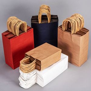 Sac en papier kraft brun et blanc avec poignée, impression de logo personnalisée, sac en papier kraft réutilisable avec poignée - Product Image 6