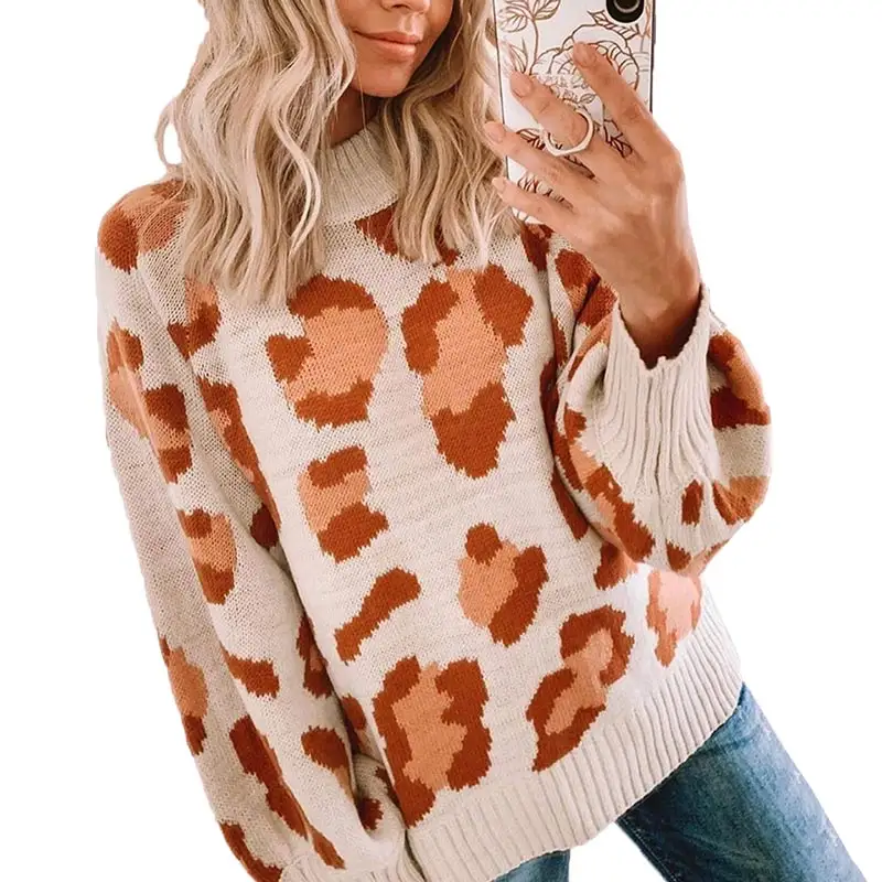 Women's Sweaters Casual Oversized Leopard Printed Crew Neck Long Sleeve Knitted Pullover Tops for Winter