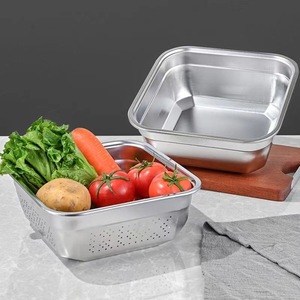 Stainless Steel Square Drain Basket Set Perforated Vegetable Washing Basin Kitchen Colander Strainer 201 Steel - Product Image 3