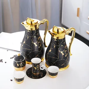 डीलक्स काले सोना मढ़वाया अद्वितीय Marbling चीनी मिट्टी के कप तश्तरी ग्लास लाइनर कॉफी बर्तन लक्जरी तुर्की अरब चाय अरबी कॉफी सेट