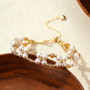 <span class=keywords><strong>Bracelet</strong></span> double couche tissé de <span class=keywords><strong>perles</strong></span>, plaqué or véritable 14 carats, cristal naturel, pour boutique de mariée, vente en gros, logo personnalisé, OEM - Product Image 5