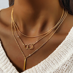 Moda mujer chapado en oro Vintage Multi capas collares Cruz círculo Metal Bar serpiente enlace cadena gargantilla collar fiesta joyería - Product Image 2
