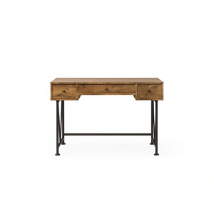 Escritorio Antiguo de 3 Cajones con Superficie de Madera y Patas de Metal Negro para Oficina en Casa o Computadora - Product Image 1