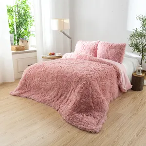 Wholesale Custom Pink Solid Color Bed Sheet Set Fleece Faux Fur Velvet Fluffy Duvet Cover Pillowcases Bedding Set For Winter