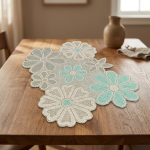 Embroidered Floral Table <b>Runner</b> Cotton Beaded Design Classic Home Decor <b>Washable</b> Hand Wash - Product Image 2