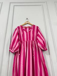 Robe midi rayée en coton pour femme, manches ballon, coupe décontractée, collection boutique ethnique décontractée d'été - Product Image 5