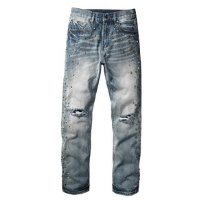 Calças Jeans Masculinas Baggy Rasgadas e Desgastadas Estilo Hip Hop Retrô Streetwear com Lavagem Vintage, Elásticas e Decoradas com Strass, Calças Biker para 4 Estações - Product Image 6