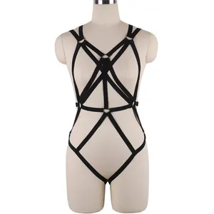 Dames Punk Uitgesneden Harnas Lichaam Full Strappy Lingerie Kousenband Riemen Set Elasticiteit Sexy Uniforme Verleiding Goth Club Rave Dragen