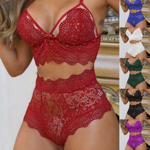 Conjuntos de lencería Sexy <span class=keywords><strong>sin</strong></span> costuras de verano para <span class=keywords><strong>mujer</strong></span>, conjunto de sujetador y bragas de realce de encaje, ropa interior Sexy con cuello en V, Top corto erótico caliente - Product Image 2