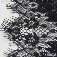 Dentelle Chantilly à cils de luxe 18 cm, tissu en dentelle Chantilly française noire brillante avec paillettes pour robe de soirée
