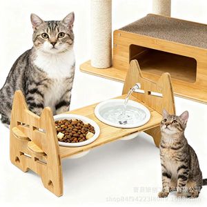 Support surélevé pour gamelles de chat en bois massif, double station d'alimentation avec bols pour nourriture et eau, pour animaux de compagnie d'intérieur, usage domestique - Product Image 1