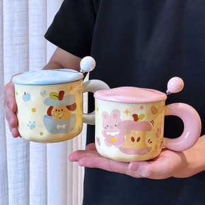 แก้วเซรามิคลายการ์ตูนน่ารักพร้อมฝาและช้อน ลายลูกสุนัขสีฟ้า สำหรับเป็นของขวัญ ฤดูใบไม้ผลิ 2025 - Product Image 4