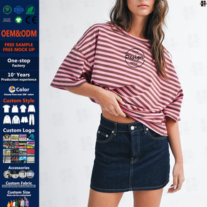 T-<span class=keywords><strong>shirt</strong></span> rayé surdimensionné en coton de haute qualité 180 GSM pour <span class=keywords><strong>femme</strong></span>, personnalisable avec broderie, vente en gros - Product Image 1