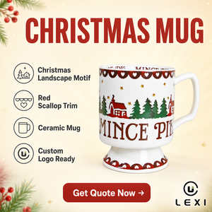 Taza de té de cerámica festiva con estampado de mince pies, casa roja, árbol <span class=keywords><strong>verde</strong></span>, estrella dorada, borde festoneado, asa redonda, logotipo personalizado, venta al por mayor - Product Image 2