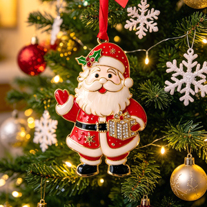 Adorno Navideño <span class=keywords><strong>de</strong></span> Aleación <span class=keywords><strong>de</strong></span> Zinc <span class=keywords><strong>de</strong></span> Papá Noel con Manopla Roja, Caja <span class=keywords><strong>de</strong></span> Regalo <span class=keywords><strong>de</strong></span> Cristal, Estrellas Doradas, Botas Negras Esmaltadas y Colgante <span class=keywords><strong>de</strong></span> Lazo Rojo - Product Image 1