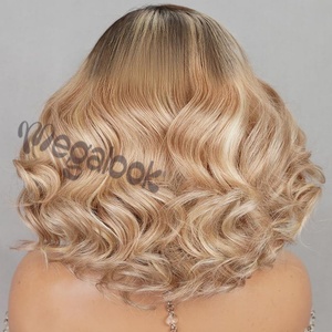 Ombre Rubio ceniza resaltar Bob <span class=keywords><strong>corto</strong></span> peluca ondulada 6x5 Rubio #2 marrón oscuro <span class=keywords><strong>cabello</strong></span> humano virgen sin pegamento frente de encaje peluca judía - Product Image 4