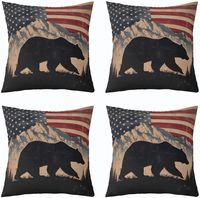 Housse de coussin marron avec animaux de la forêt, ours noir et forêt avec drapeau américain, adaptée à la maison, à la chambre à coucher, au canapé, 4 pièces
